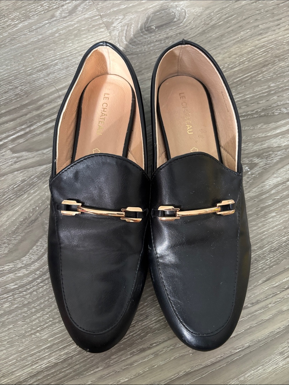 le chateau Black Leather Slip-On Loafers with Gold Bit